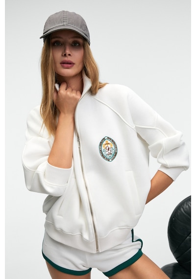 Grimelange TORMENTA Kadın Nakışlı Fermuarlı Dik Yaka Çift Cepli Reglan Kol Beyaz Sweatshirt
