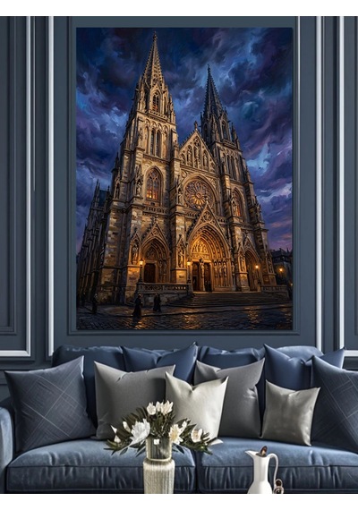 Gece Işıklarında Gotik Katedral Mimarisi Dekoratif Kanvas - Mdf Ahşap Tablo