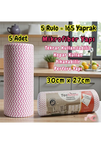 Technow Softtex 33 Yaprak Kopar Kullan Rulo Hassas Temizlik Bezi 27x30cm 5 Adet Pembe