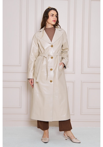 M M Marki Marki Kadın Hakiki Deri Trençkot Bej, V Yaka, Kuşaklı, Düğme Kapamalı, Oversize, 120 Cm - 117222