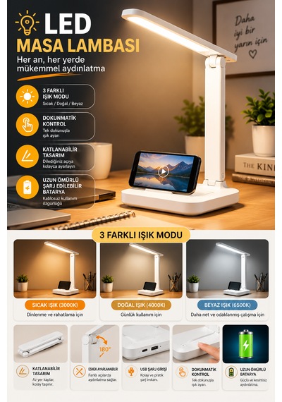 Şarj Edilebilir Katlanabilir Led Masa Lambası - 3 Işık Modlu Dokunmatik & Telefon Standlı Okuma Lambası Beyaz