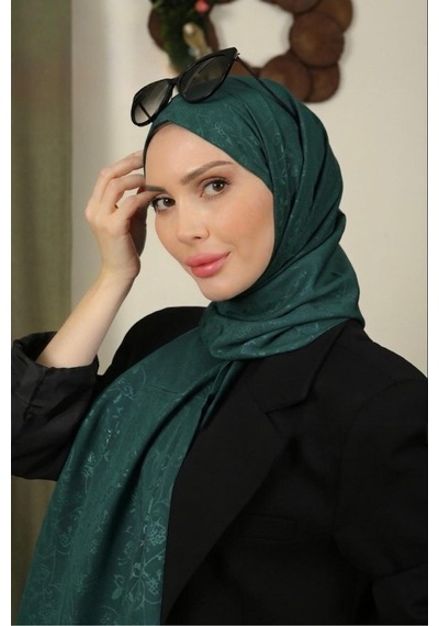 Flora Tekstil Çiçekli Desen İnce Medine İpeği Jakar Şal Zümrüt Yeşili