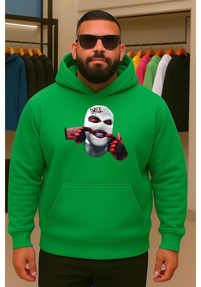 Benroma 3 İplik Penye Maske Baskılı Büyük Beden Sweatshırt Yeşil