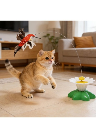 Hareketli Dönen Kuş Kedi Oyuncağı Pille Çalışır