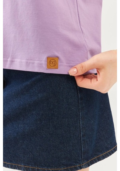 Kadın Oversize Rahat %100 Pamuklu Penye Bisiklet Yaka Kısa Kol Basic T-shirt Lila