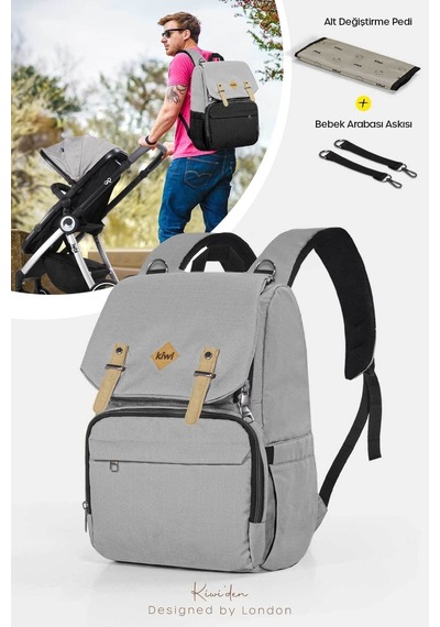 Kiwi Coolbag Anne Bebek Çantası - Bebek Bakım Çantası - Termal Gözlü Su Geçirmez Alt Açma Pedli - Gri Grii