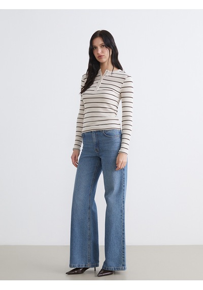 Lcw Everyday Bej Bisiklet Yaka Çizgili Kadın Body