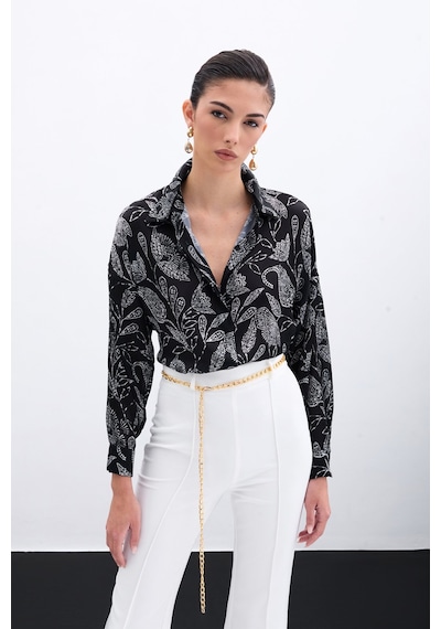 Sateen Desenli Saten Gömlek - Siyah-135960 Siyah