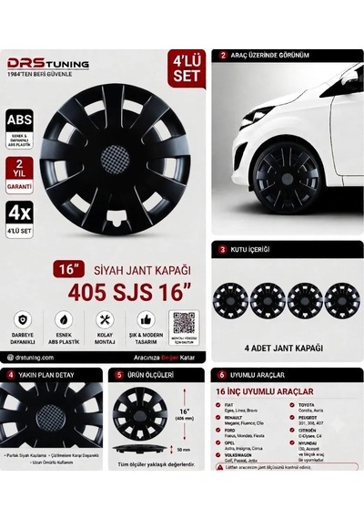 16 Inc Kırılmaz Sks Parlak Siyah Jant Kapağı 1 Takım 4 Adet No:405