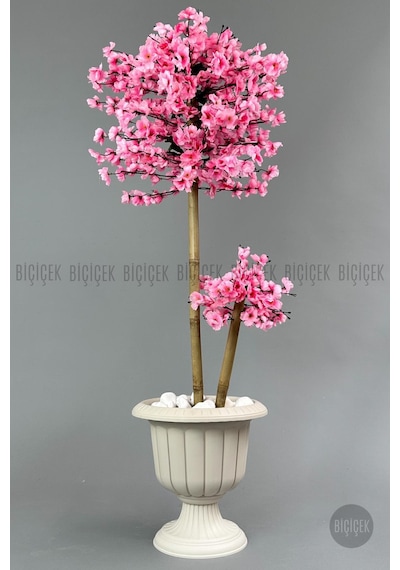 Biçiçek Yapay Pembe Sakura Ağacı 125 Bahar Dalı Krem Nergi̇s Saksıda