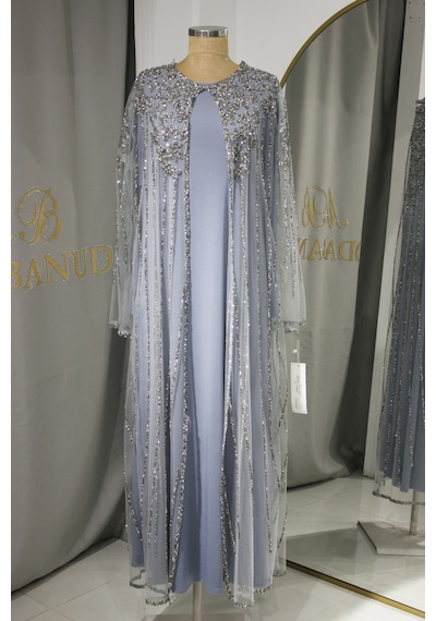 Modabanuda Wilma 2'li Takım Taşlı Abaya Gri