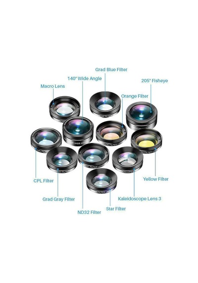 Apexel 11'i 1 Arada Cep Telefonu iPhone Uyumlu & Android İçin Akıllı Telefon Lens Kiti Siyah