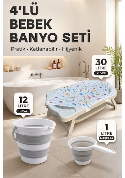 4'lü Bebek Yıkama Seti Kaymaz Taban, Katlanır Akordiyon Bebek Banyo Seti