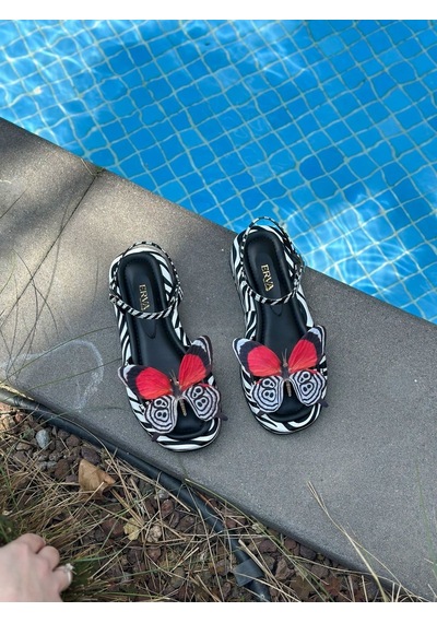 Erva'nın Butiği Zebra Cilt James Zebra Kelebek Detay Kadın Sandalet-6199 Zebra Deri