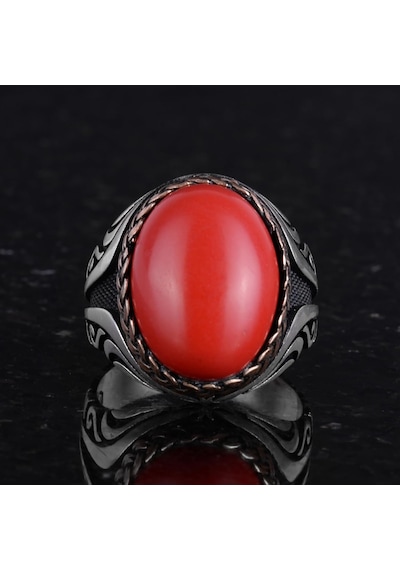 925 Ayar Gümüş Yüzük - Yapay Taş Gümüş Yüzük - El Yapımı Yüzük Yapay Kırmızı Mercan Gümüş