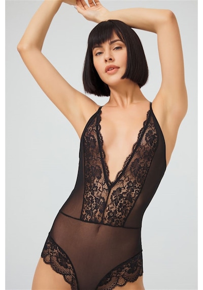 Cottonhill Siyah Çıtçıtlı Dantelli Transparan Sırt Çapraz İpli Bodysuit Siyah