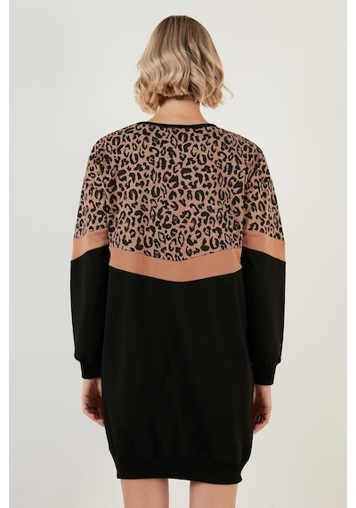 Lela  Leopar Desenli Renk Bloklu Oversize Bisiklet Yaka Bayan Tunik 5863604 Siyah