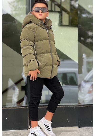 Pina Kids Erkek Çocuk Kapüşonlu Baskılı Reflöktör Detaylı Nova Kumaş Kışlık Şişme Mont Km4017 Haki