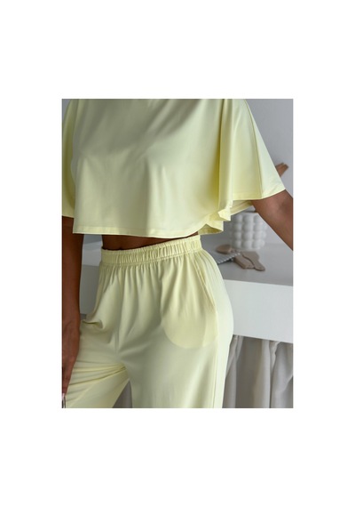 Gugus Yazlık Takım - Alt Üst Kadın Dokulu Kumaş -baggy Pantolon + Salaş Üst Sarı