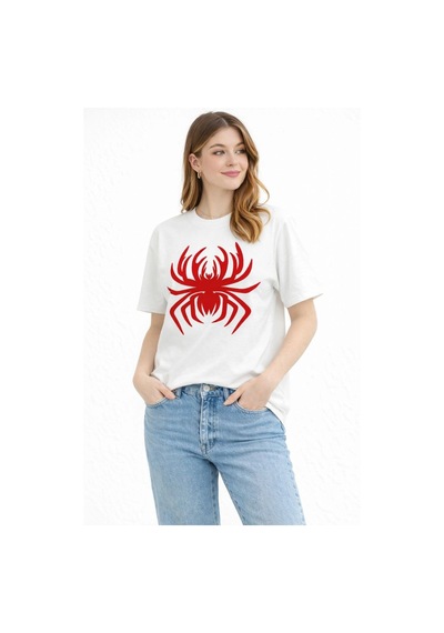 Kadın Örümcek Baskılı Tişört Kısa Kollu Bisiklet Yaka T-shirt - Beyaz Çok Renkli