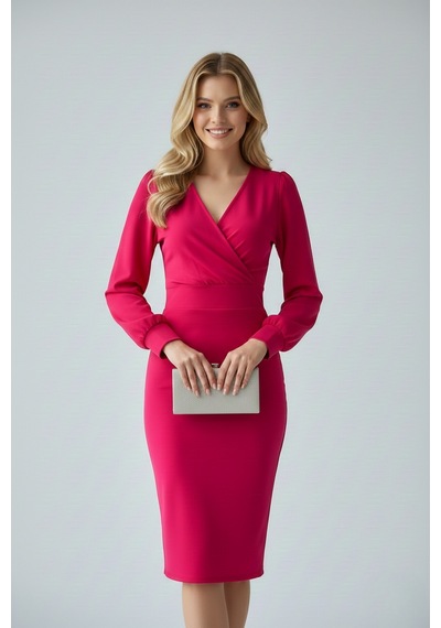 Defymoda Kadın Klasik Kesim Manşetli Elbise Pembe