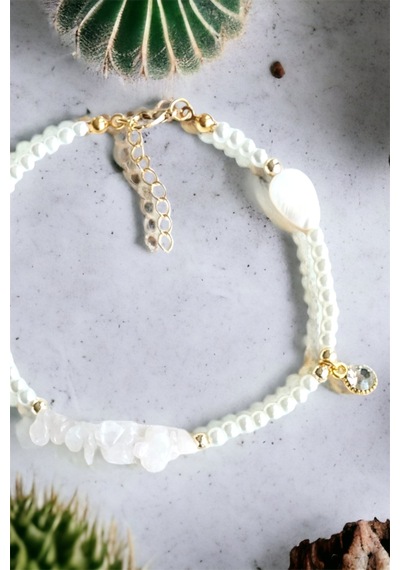 Cam Uç Detaylı Beyaz Doğal Kırık Taşlı Bileklik Çok Renkli