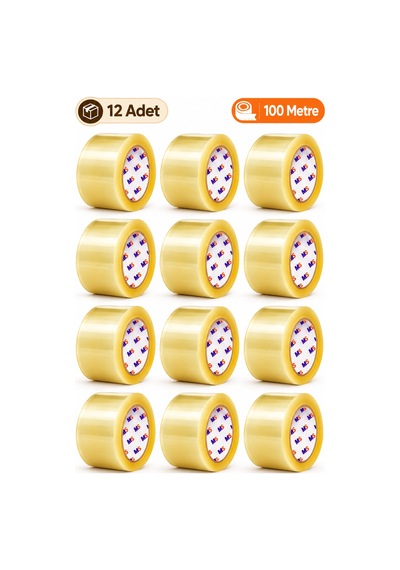 12 Adet Koli Bandı Şeffaf 45 Mm X 100 Metre Güçlü Yapışkanlı Paketleme Bantı Bantları Kopmayan