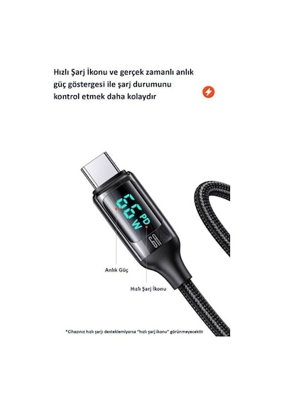 Usams US-Sj544 Dijital Göstergeli Çipli Örgülü PD 66 W USB To Type-C Şarj ve Data Kablosu 1.2 M