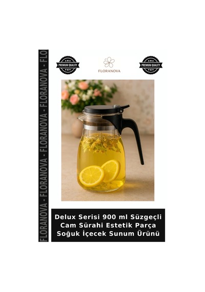 Delux Serisi 900 Ml Süzgeçli Cam Sürahi Estetik Parça Soğuk İçecek Sunum Ürünü