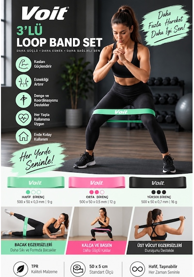 3’lü Loop Direnç Bandı Seti Pilates ve Fitness Egzersiz Lastiği