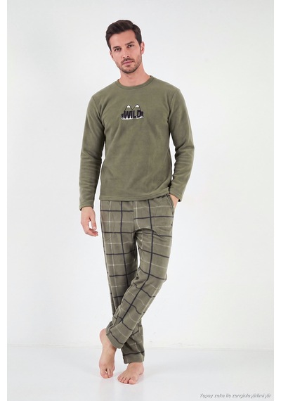 Buratti Ekoseli Bisiklet Yaka Yumuşak Dokulu Polar Pijama Takımı Erkek Pijama Takımı 6097064 Haki