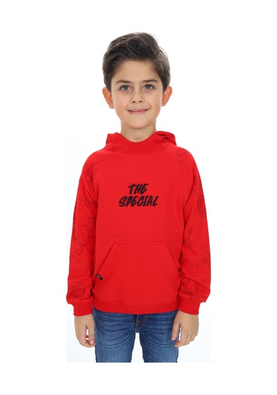 Toontoy Kids Toontoy Erkek Çocuk Relax Fit Kapüşonlu Cepli Reglan Kol Baskılı Sweatshirt - 2 İplik Kırmızı