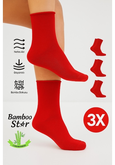 Bamboo Star Bambu Kadın Kırmızı Lastiksiz Soket Dikişsiz Premium Çorap 3'lü Paket Sıkmayan Çorap / İz Bırakmaz