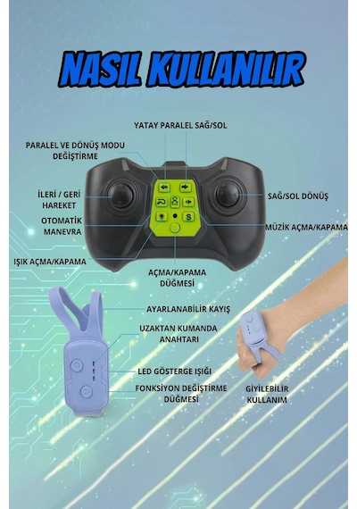 Işıklı Şarjlı El Sensörlü Bilekten Kontrol 2.4 Ghz Şarjlı Uzaktan Kumandalı 360 4x4 Akrobat Araba Yeşil