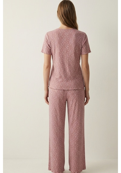 Elemge Kadın Bambu Pamuk Pijama Takımı Gül Kurusu Fitilli Regular Fit Alt & Üst İnce Kısa Kol Lastkli Esnek
