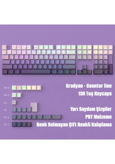 Contourline - Gradient Keycaps 130 Tuş İki Renkli Tam Set Çatlak Işıklı Tuş Takımı