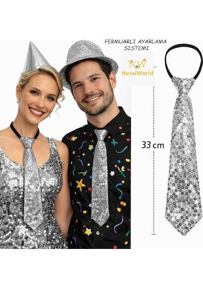 Nessiworld Gümüş Renk Pul Payetli Işıltılı Parti Kravatı 33 Cm