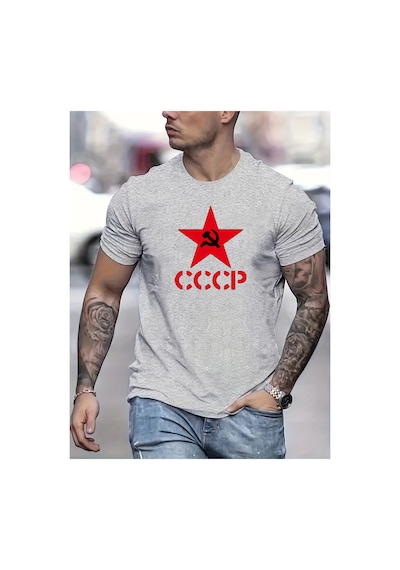 Caddemia Yaz  Moda Rahat Spor Gevşek Cccp Mektup Pentagram Baskılı Yuvarlak Boyu Gri 2XL