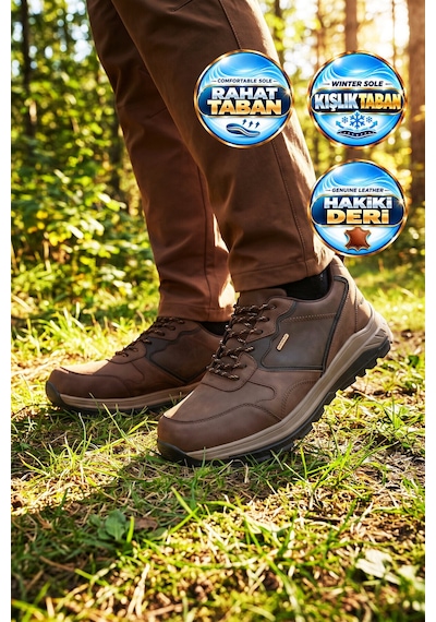 Ayakmod Kahve Hakiki Deri Bağcıklı Kaymaz Tabanlı Erkek Outdoor Trekking Ayakkabı 2526 Kahverengi