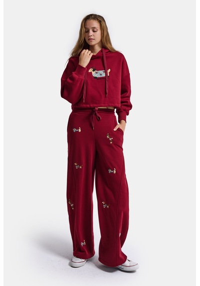 Kadın Bordo W6-35 Sweatshirt Eşofman Pantolon 2'li Nakış Figürlü Tasarım Takım