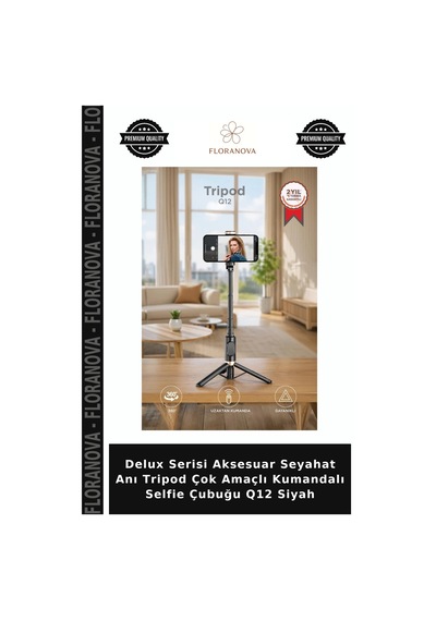 Delux Serisi Aksesuar Seyahat Anı Tripod Çok Amaçlı Kumandalı Selfie Çubuğu Q12 Siyah