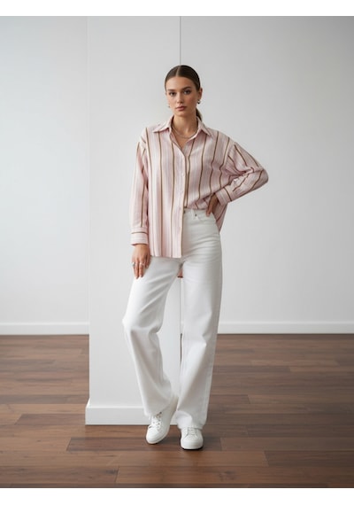Pera Moda Oversize Çizgili Uzun Kadın Gömleği Pembe