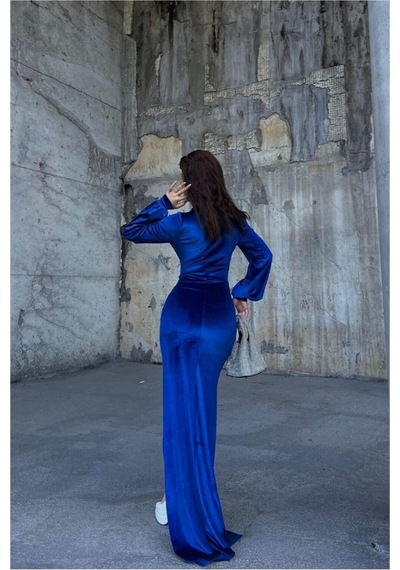 DefyModa Kadın Kadife Kumaş Dik Yaka Yırtmaçlı Abiye Elbise Saks