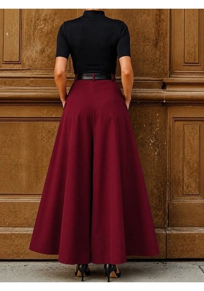 DefyModa Kadın Yüksek Bel Kemerli Double Kumaş Palazzo Pantolon Bordo