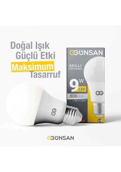 Günsan Akıllı Wifi Led Ampul Beyaz Işık Tuya Ve Smart Life Uygulama Destekli 9w 2700k-6500k Ayarlanabilir Beyaz Işık