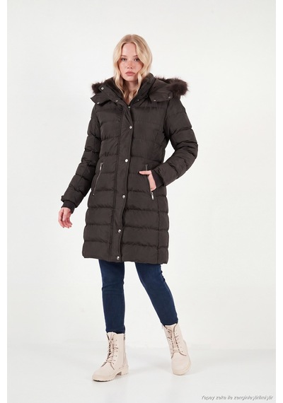 Lela Regular Fit Çıkarılabilir Kapüşonlu Fermuarlı Cepli Şişme Mont Kadın Mont 497emily Kahve