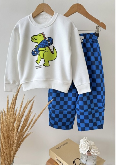 Magu Çocuk Pamuklu Dinozor Baskılı Sweatshirt Ve Mavi Dama Eşofman Takımı Çok Renkli