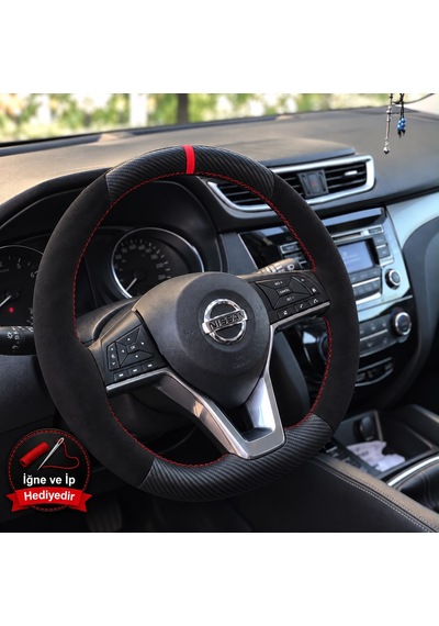 Nissan Juke F16 Dikme Direksiyon Kılıfı Alcantara Süet Mat Karbon Kırmızı Yüzük Ve Dikiş 2019-2024