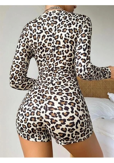 Go İthalat Kadın Şık Tasarım Pamuklu Leopar Desenli Düğmeli Uzun Kol Tulum Pijama