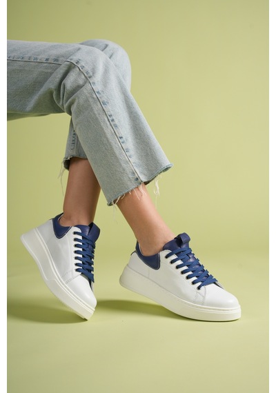 Analin Shoes Kadın Hakiki Deri Bağcıklı Casual Spor Ayakkabı Beyaz Koyu Mavi
